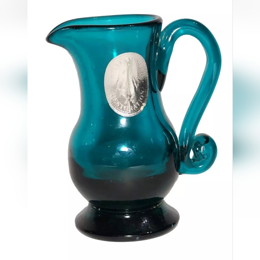 CW Williamsburg Restoration Blown Glass Teal Blue Pitcher 4"  With Label